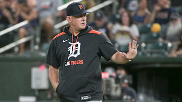 Aug 25, 2025; West Sacramento, California, USA; Detroit Tigers manager A.J. Hinch (14) motions to the home plate umpire during a mound visit in the fourth inning of the game against the Athletics at Sutter Health Park. 