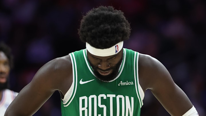 Apr 30, 2026; Philadelphia, Pennsylvania, USA; Boston Celtics center Neemias Queta (88) looks on in front of Philadelphia 76ers center Joel Embiid (21) during the third quarter at Xfinity Mobile Arena. Mandatory Credit: Bill Streicher-Imagn Images