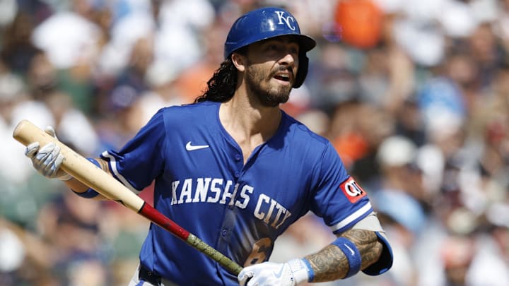 Aug 24, 2025; Detroit, Michigan, USA; Kansas City Royals second baseman Jonathan India (6) hits a double during an at bat in the sixth inning against the Detroit Tigers at Comerica Park. Mandatory Credit: Brian Bradshaw Sevald-Imagn Images