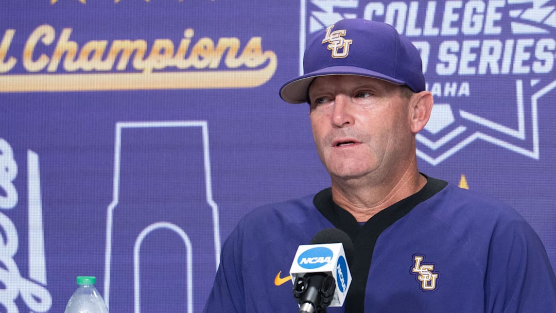 Jun 22, 2025; Omaha, Neb, USA;  LSU Tigers head coach Jay Johnson (2) meets with the press after the game against the Coastal Carolina Chanticleers at Charles Schwab Field.