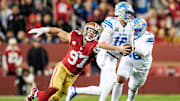 Detroit Lions quarterback Jared Goff (16) is sacked by San Francisco 49ers defensive end Nick Bosa (97) during the first half at Levi's Stadium in Santa Clara, Calif. on Monday, Dec. 30, 2024.