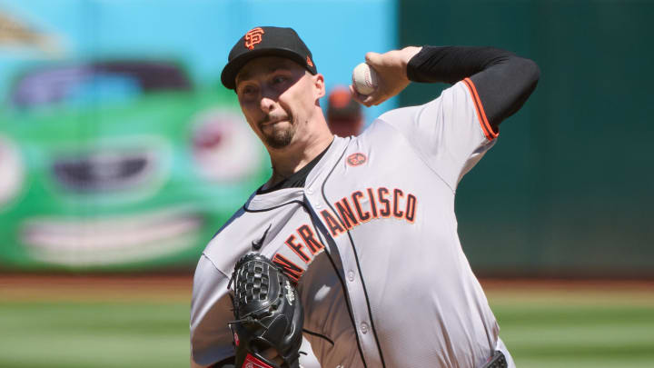 Aug 18, 2024; Oakland, California, USA; San Francisco Giants starting pitcher Blake Snell (7) throws a pitch against the Oakland Athletics during the first inning at Oakland-Alameda County Coliseum.