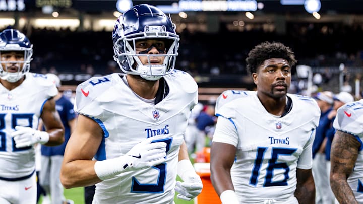 Aug 25, 2024; New Orleans, Louisiana, USA; Tennessee Titans cornerback Caleb Farley (3) and wide receiver Treylon Burks (16) during the warmups before the game against the New Orleans Saints at Caesars Superdome.