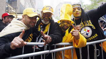 Apr 26, 2012; New York, NY, USA; Pittsburgh Steelers fans from left Yusuf Cawthon , Joseph Cawthon , James Hatcher and Zach Cawthon pose for a photo before the 2012 NFL Draft at Radio City Music Hall. Mandatory Credit: Jerry Lai-Imagn Images