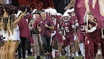 Sep 21, 2024; Tallahassee, Florida, USA; Florida State Seminoles head coach Mike Norvell leads his team out of the tunnel before the game against the California Golden Bears at Doak S. Campbell Stadium. Mandatory Credit: Melina Myers-Imagn Images