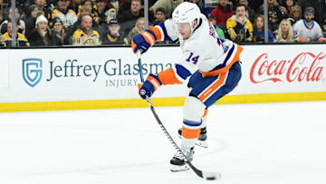 Jan 5, 2025; Boston, Massachusetts, USA; New York Islanders center Bo Horvat (14) shoots the puck during overtime against the Boston Bruins at TD Garden. Mandatory Credit: Bob DeChiara-Imagn Images