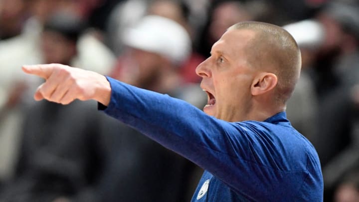 BYU's head coach Mark Pope points during the Big 12 basketball game against Texas Tech, Saturday, Jan. 20, 2024, at United Supermarkets Arena.