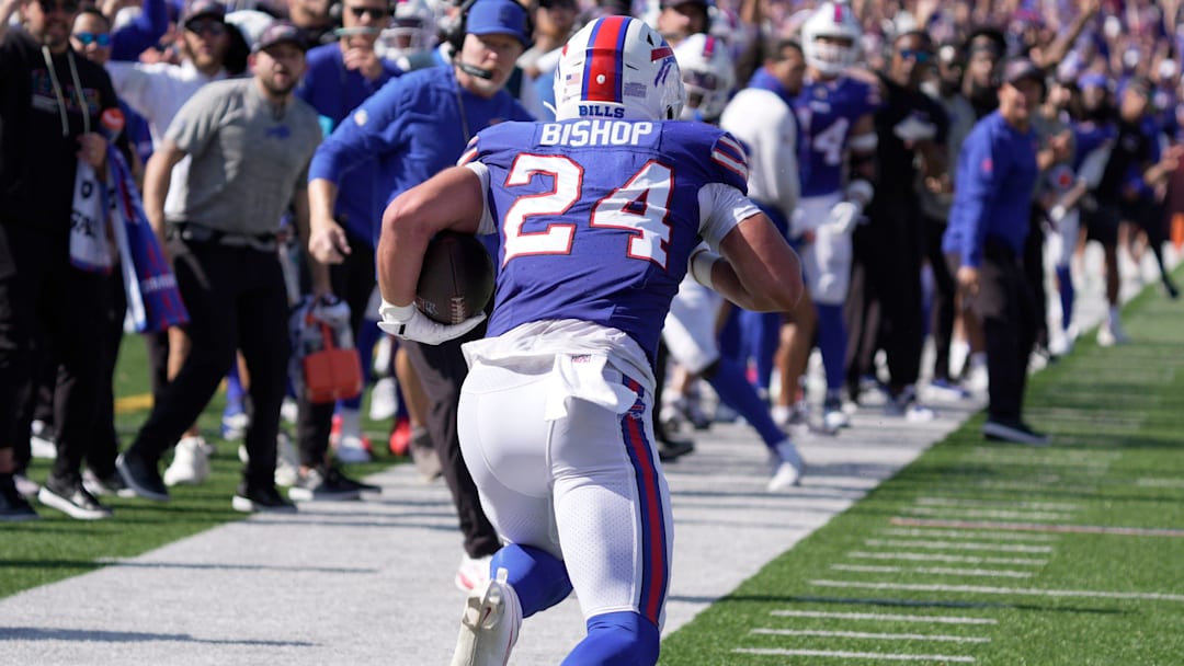 Buffalo Bills safety Cole Bishop, after intercepting the pass, starts to run towards the end zone, and gets tackled after gaining about 10 yards during first half action of the Bills home game against the New Orleans Saints in Orchard Park on Sept. 28, 2025.