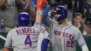 Aug 1, 2023; Kansas City, Missouri, USA; New York Mets catcher Francisco Alvarez (4) celebrates with first baseman Pete Alonso (20) after hitting a two run home run against the Kansas City Royals in the tenth inning at Kauffman Stadium. Mandatory Credit: Denny Medley-USA TODAY Sports