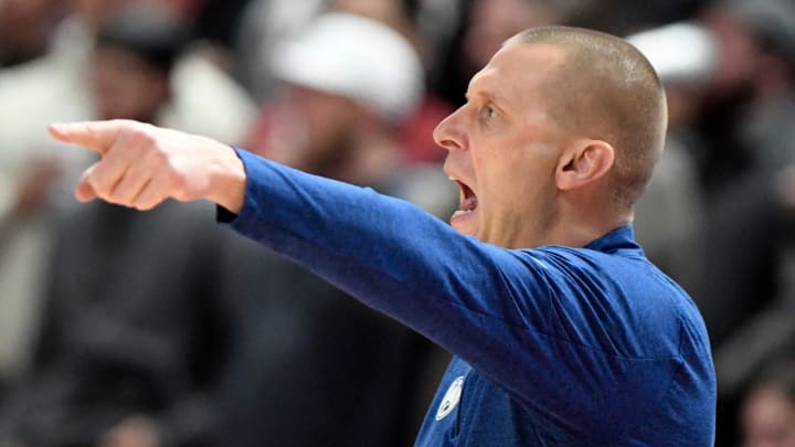 BYU's head coach Mark Pope points during the Big 12 basketball game against Texas Tech, Saturday, Jan. 20, 2024, at United Supermarkets Arena.