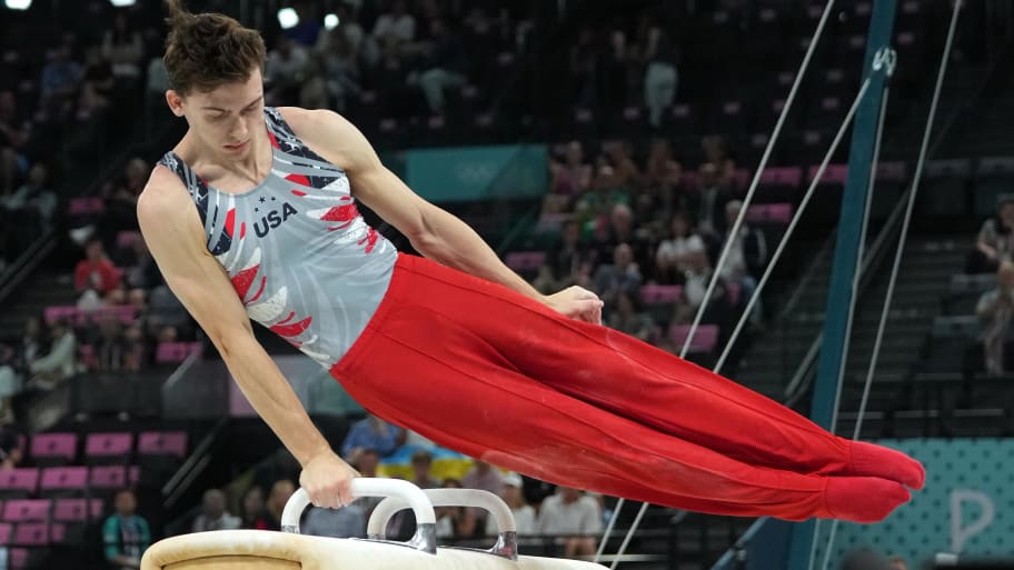 Stephen Nedoroscik performs on the pommel horse during the men’s team final at the 2024 Olympics
