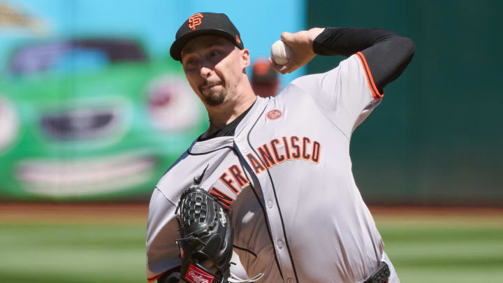 Aug 18, 2024; Oakland, California, USA; San Francisco Giants starting pitcher Blake Snell (7) throws a pitch against the Oakland Athletics during the first inning at Oakland-Alameda County Coliseum.