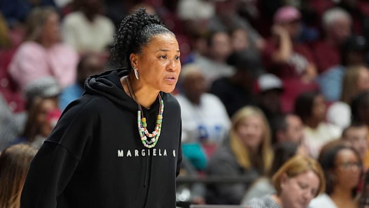 Feb 19, 2026; Tuscaloosa, AL, USA; South Carolina head coach Dawn Staley coaches her team as they play Alabama at Coleman Coliseum. Mandatory Credit: Gary Cosby Jr.-Tuscaloosa News