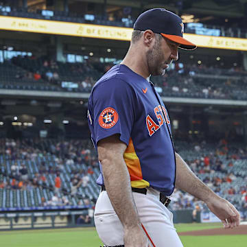 Sep 8, 2024; Houston, Texas, USA; Houston Astros starting pitcher Justin Verlander (35) walks on the field before the game against the Arizona Diamondbacks at Minute Maid Park. 