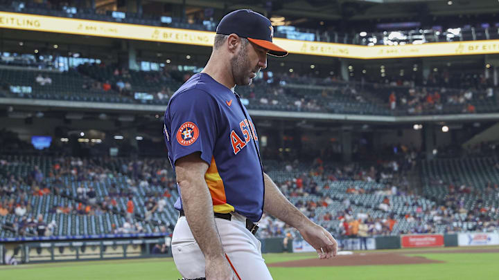 Sep 8, 2024; Houston, Texas, USA; Houston Astros starting pitcher Justin Verlander (35) walks on the field before the game against the Arizona Diamondbacks at Minute Maid Park. 