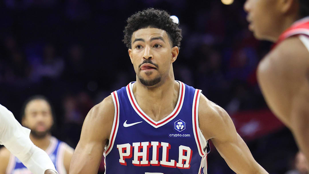 Jan 7, 2026; Philadelphia, Pennsylvania, USA; Philadelphia 76ers guard Quentin Grimes (5) controls the ball against the Washington Wizards during the fourth quarter at Xfinity Mobile Arena. Mandatory Credit: Bill Streicher-Imagn Images