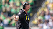 Oregon head coach Dan Lanning yells to the officials as the Fighting Ducks face off against Mighty Oregon in the Oregon Ducks spring game on April 26, 2025, at Autzen Stadium in Eugene.