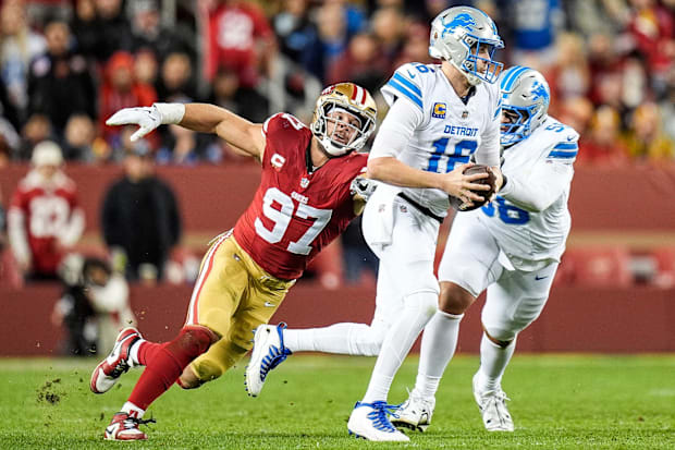 Detroit Lions quarterback Jared Goff (16) is sacked by San Francisco 49ers defensive end Nick Bosa.