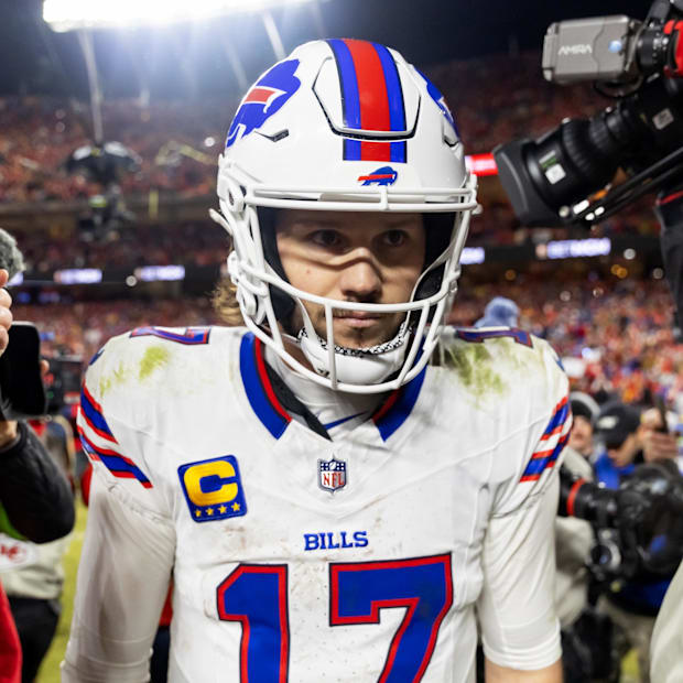 Buffalo Bills quarterback Josh Allen reacts as he walks off the field after losing to the Kansas City Chiefs