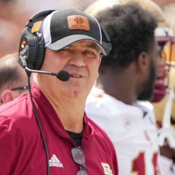 Boston College Eagles head coach Bill O'Brien watches the replay board against the Missouri Tigers during the first half at Faurot Field at Memorial Stadium. 