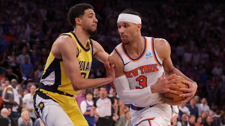 May 19, 2024; New York, New York, USA; New York Knicks guard Josh Hart (3) drives to the basket against Indiana Pacers guard Tyrese Haliburton (0) during the third quarter of game seven of the second round of the 2024 NBA playoffs at Madison Square Garden. Mandatory Credit: Brad Penner-USA TODAY Sports