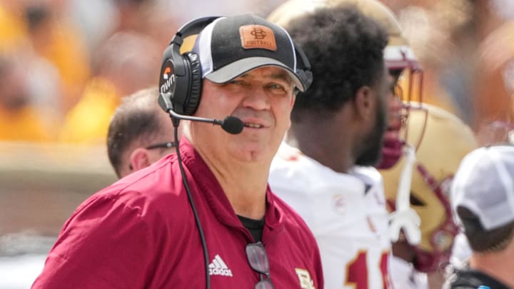 Boston College Eagles head coach Bill O'Brien watches the replay board against the Missouri Tigers during the first half at Faurot Field at Memorial Stadium. 