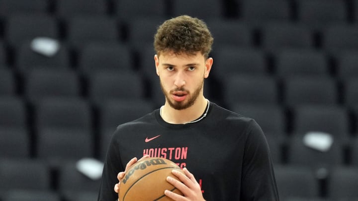 Mar 10, 2024; Sacramento, California, USA; Houston Rockets center Alperen Sengun (28) before the game against the Sacramento Kings at Golden 1 Center. Mandatory Credit: Darren Yamashita-USA TODAY Sports