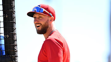 Mar 18, 2025; Bradenton, Florida, USA; Philadelphia Phillies first baseman Kody Clemens (2) warms up before the start of the game against the Pittsburgh Pirates during spring training at LECOM Park. Mandatory Credit: Jonathan Dyer-Imagn Images