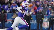 Buffalo Bills quarterback Josh Allen sprints ahead of everyone and runs for a first down during the fourth quarter at Highmark Stadium in Orchard Park on Dec. 7, 2025.