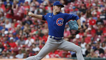 Aug 14, 2022; Cincinnati, Ohio, USA; Chicago Cubs starting pitcher Keegan Thompson (71) throws against the Cincinnati Reds during the first inning at Great American Ball Park. Mandatory Credit: David Kohl-Imagn Images