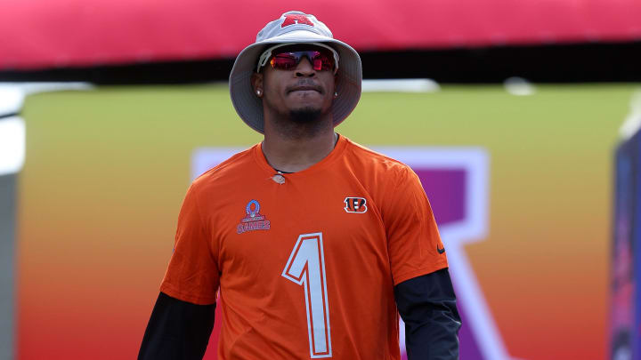 Feb 4, 2024; Orlando, FL, USA; AFC wide receiver Ja'Marr Chase (1) of the Cincinnati Bengals takes the field before the 2024 Pro Bowl at Camping World Stadium. Mandatory Credit: Nathan Ray Seebeck-USA TODAY Sports