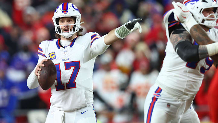Buffalo Bills quarterback Josh Allen drops back to pass against the Kansas City Chiefs during the first half in the AFC Championship game at GEHA Field at Arrowhead Stadium. Buffalo Bills quarterback Josh Allen drops back to pass against the Kansas City Chiefs during the first half in the AFC Championship game at GEHA Field at Arrowhead Stadium.