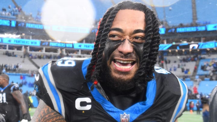 Dec 17, 2023; Charlotte, North Carolina, USA; Carolina Panthers linebacker Frankie Luvu (49) after the game at Bank of America Stadium. Mandatory Credit: Bob Donnan-USA TODAY Sports