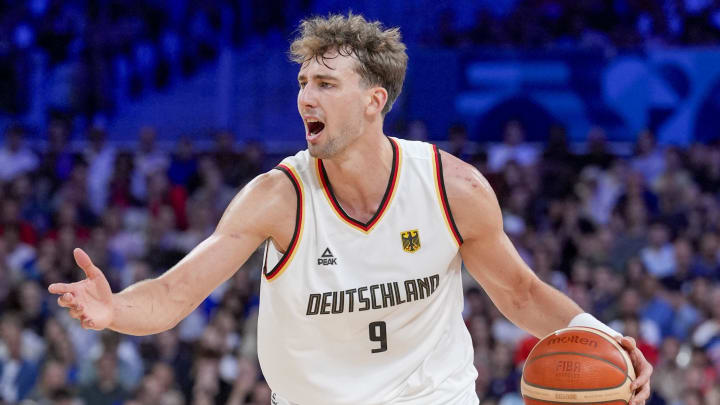 Jul 27, 2024; Villeneuve-d'Ascq, France; Germany guard Franz Wagner (9) during the Paris 2024 Olympic Summer Games at Stade Pierre-Mauroy.