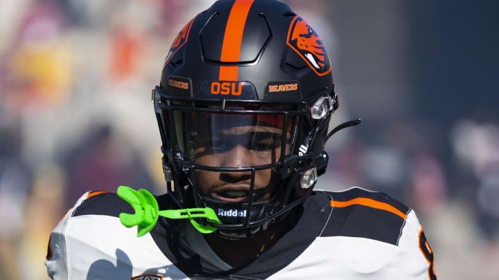 Nov 19, 2022; Tempe, Arizona, USA; Oregon State Beavers running back Jam Griffin (8) against the Arizona State Sun Devils at Sun Devil Stadium. Mandatory Credit: Mark J. Rebilas-USA TODAY Sports