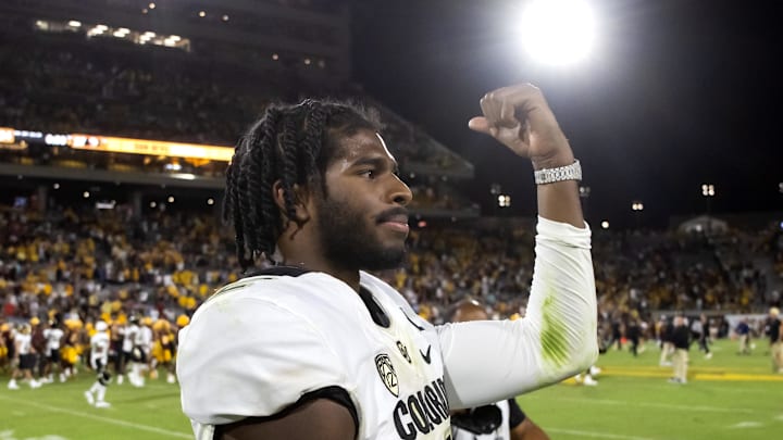 Oct 7, 2023; Tempe, Arizona, USA; Colorado Buffaloes quarterback Shedeur Sanders (2) celebrates