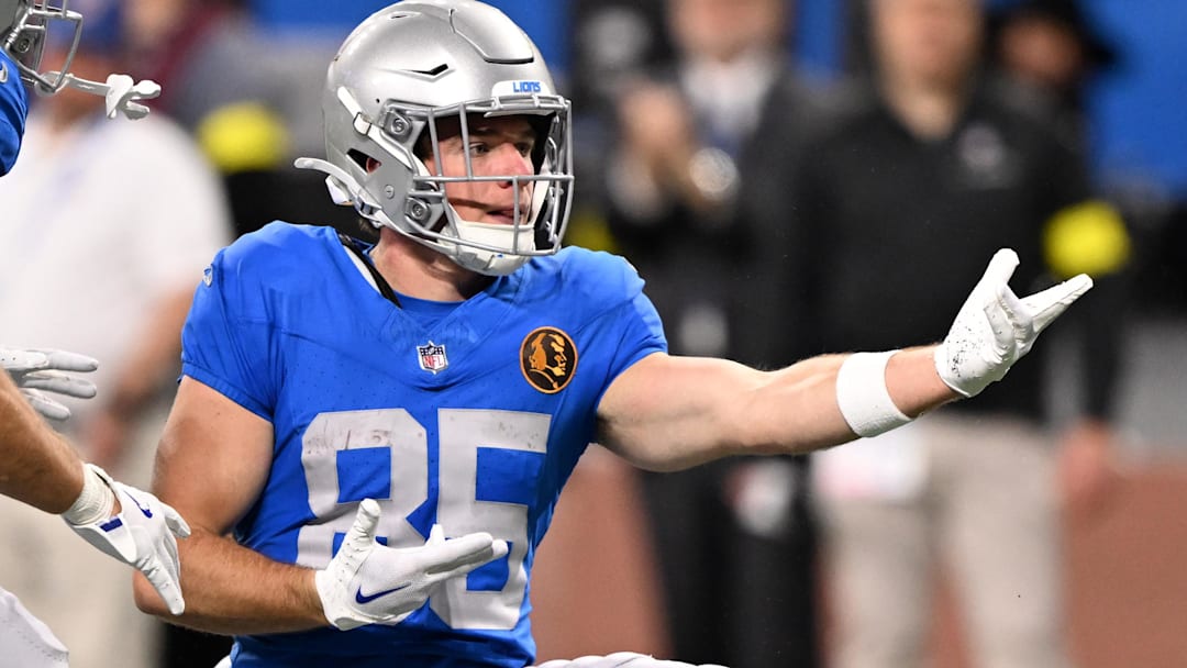 Nov 27, 2025; Detroit, Michigan, USA; Detroit Lions wide receiver Tom Kennedy (85) celebrates after a play against the Green Bay Packers during the second quarter at Ford Field. Mandatory Credit: Lon Horwedel-Imagn Images