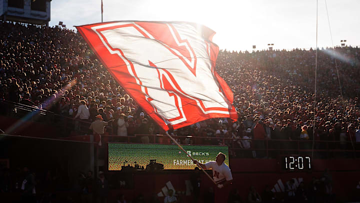 The Nebraska Cornhuskers flag is waved after a touchdown against Wisconsin last November.
