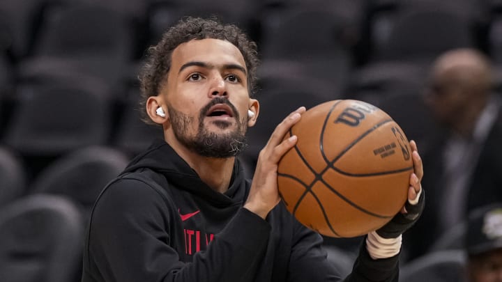 Apr 10, 2024; Atlanta, Georgia, USA; Atlanta Hawks guard Trae Young (11) shown while warming up on the court before the game Charlotte Hornets at State Farm Arena. Mandatory Credit: Dale Zanine-USA TODAY Sports