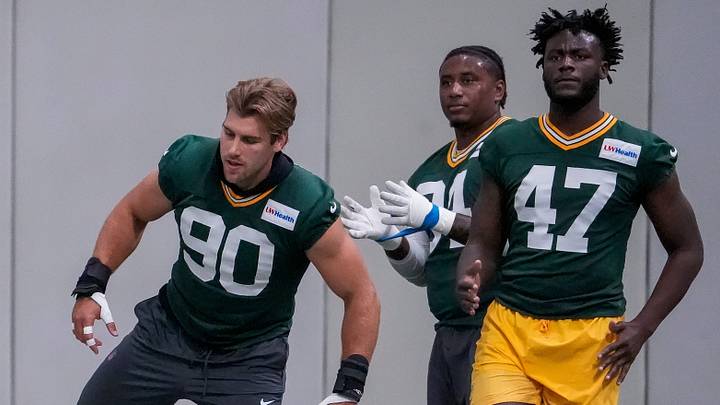 Green Bay Packers defensive end Lukas Van Ness (90) stretches during practice on Wednesday, May 26, 2026, at the Don Hutson Center in Ashwaubenon, Wis. 
Tork Mason/USA TODAY NETWORK-Wisconsin