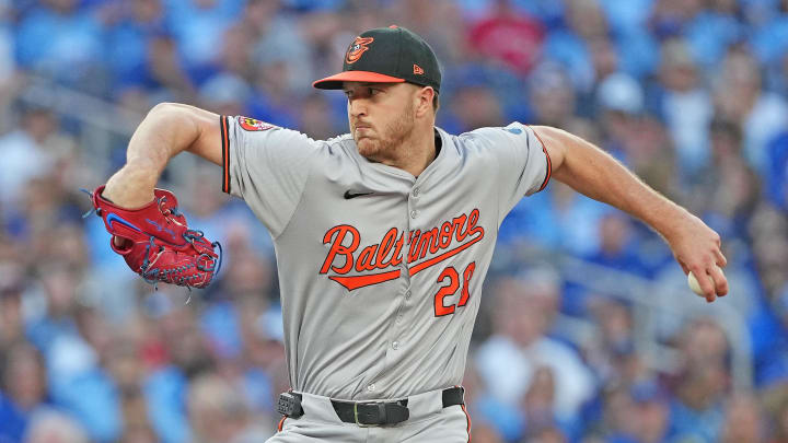 Aug 7, 2024; Toronto, Ontario, CAN; Baltimore Orioles starting pitcher Trevor Rogers (28) throws a pitch against the Toronto Blue Jays during the first inning at Rogers Centre.