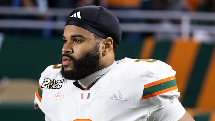 Jan 19, 2026; Miami Gardens, FL, USA; Miami Hurricanes defensive lineman Akheem Mesidor (3) against the Indiana Hoosiers during the College Football Playoff National Championship game at Hard Rock Stadium. Mandatory Credit: Mark J. Rebilas-Imagn Images
