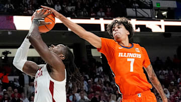Nov 20, 2024; Birmingham, AL, USA; Illinois forward Will Riley (7) attempts to block a shot by Alabama center Clifford Omoruyi (11) in the CM Newton Classic at Legacy Arena. Mandatory Credit: Gary Cosby Jr.-Tuscaloosa News