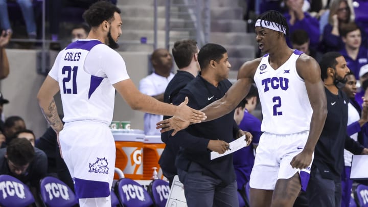 Jan 25, 2022; Fort Worth, Texas, USA;  TCU Horned Frogs forward Emanuel Miller (2) celebrate