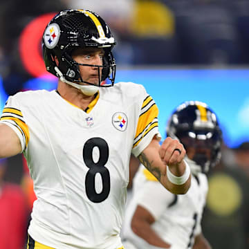 Nov 9, 2025; Inglewood, California, USA; Pittsburgh Steelers quarterback Aaron Rodgers (8) passes the ball against the Los Angeles Chargers during the second quarter of the game at SoFi Stadium. Mandatory Credit: Gary A. Vasquez-Imagn Images