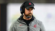 Nov 1, 2025; Corvallis, Oregon, USA; Washington State Cougars head coach Jimmy Rogers during a time out in the 4th quarter against the Oregon State Beavers at Reser Stadium. 