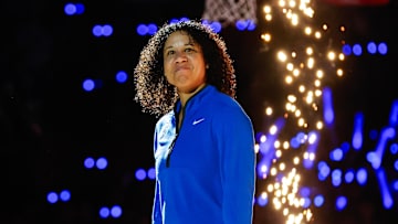 Oct 3, 2025; Durham, NC, USA; Duke Blue Devils head coach Kara Lawson is introduced during player introductions at the Countdown to Craziness at the Cameron Indoor Stadium. Mandatory Credit: Jaylynn Nash-Imagn Images