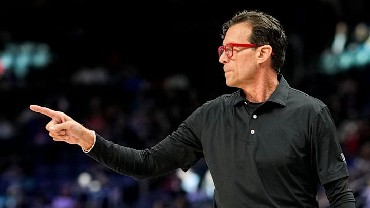 Atlanta Hawks head coach Quin Snyder reacts after a sequence against the Detroit Pistons.