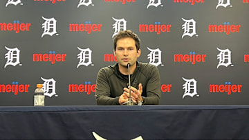 Detroit Tigers president of baseball operations Scott Harris talks to reporters about trading for starting pitcher Chris Paddack on July 28, 2025, at Comerica Park in Detroit, Michigan.