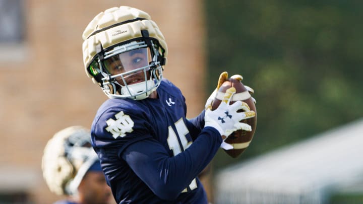 Notre Dame cornerback Leonard Moore catches a ball during a Notre Dame football practice at Irish Athletic Center on Wednesday, July 31, 2024, in South Bend.